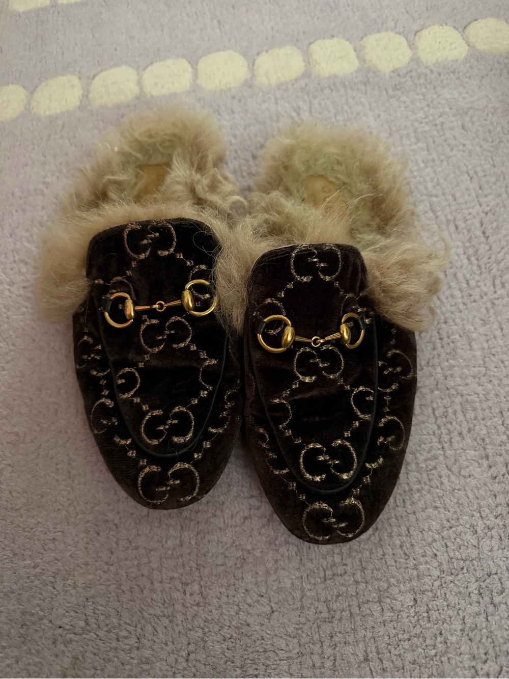 Gucci Brown Velvet Fur-Lined Horsebit Mules size 37